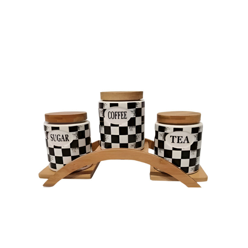 Vintage Tea Coffee Sugar 3 Canisters Set with Stand Tray