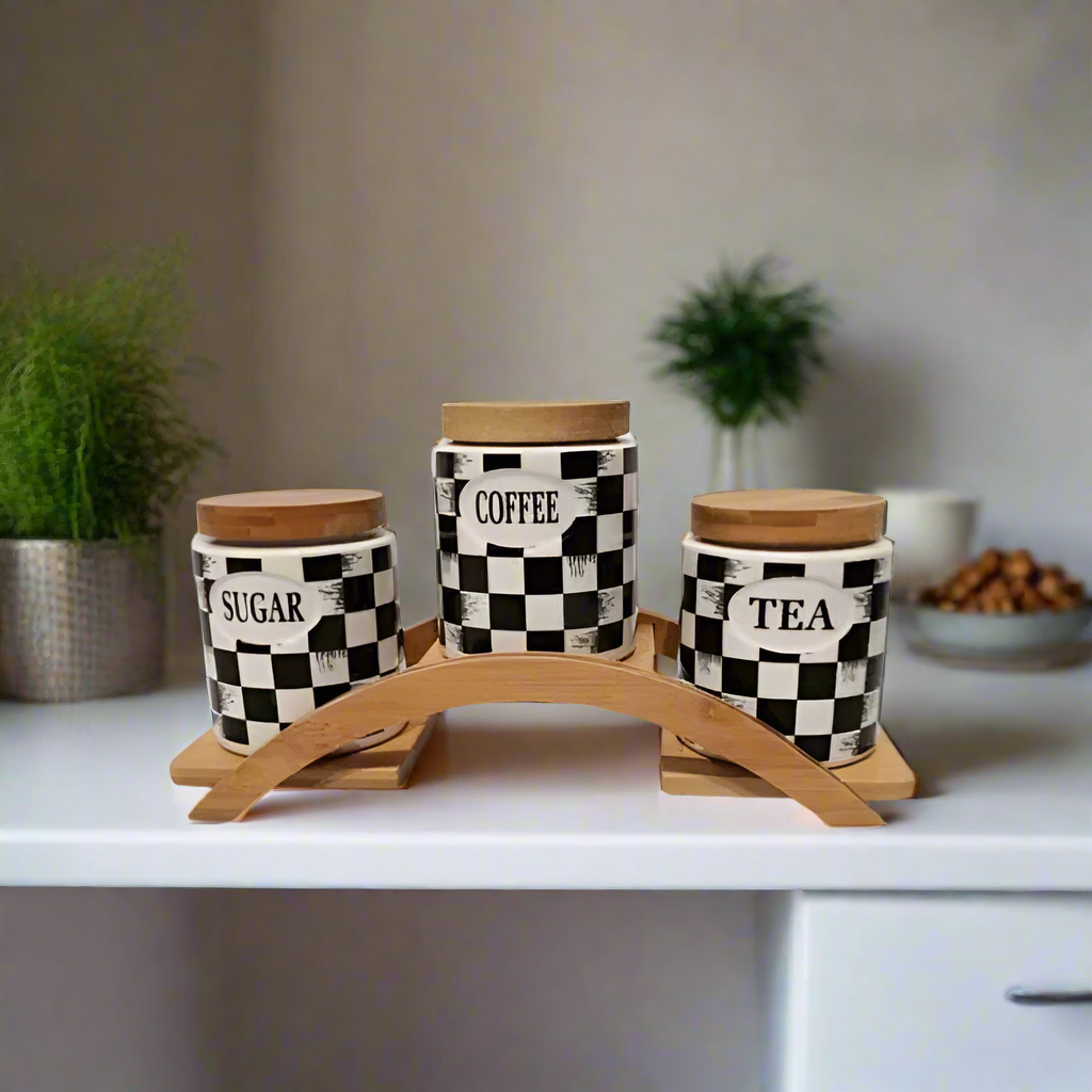 Vintage Tea Coffee Sugar 3 Canisters Set with Stand Tray