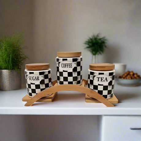 Vintage Tea Coffee Sugar 3 Canisters Set with Stand Tray