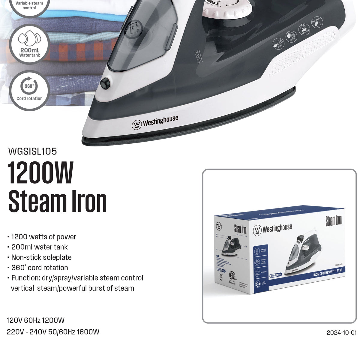 Westinghouse steam iron with dark gray soleplate and control buttons