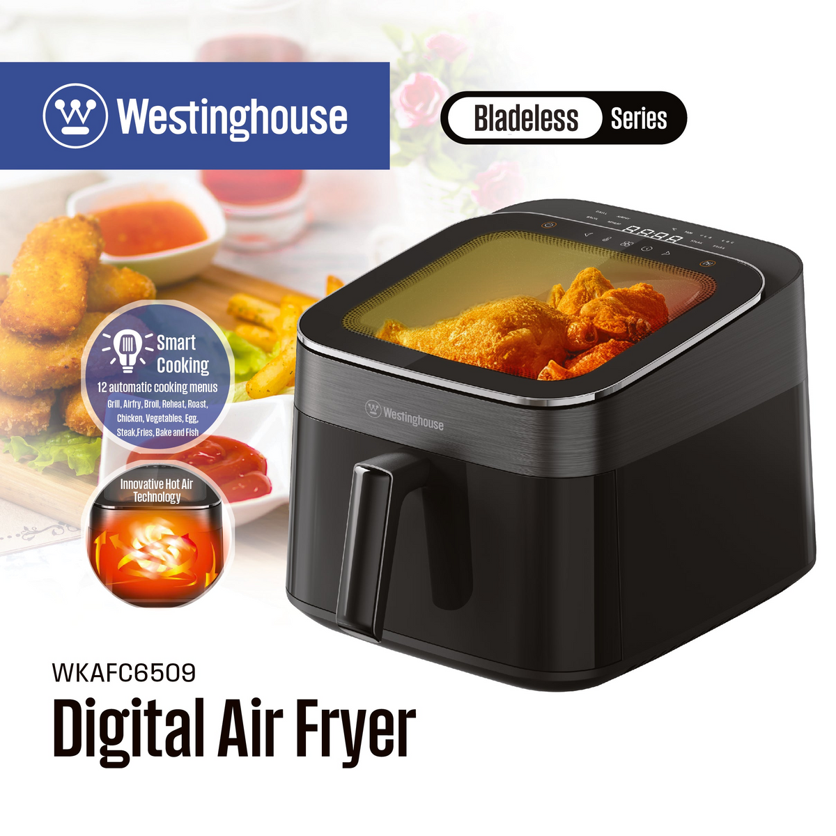 Westinghouse black digital air fryer with viewing window and smart cooking features