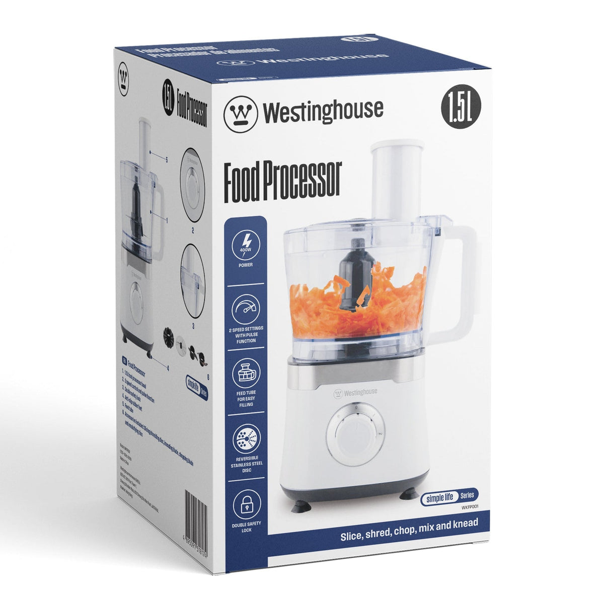 White Westinghouse 1.5L food processor with clear bowl, shown with retail box