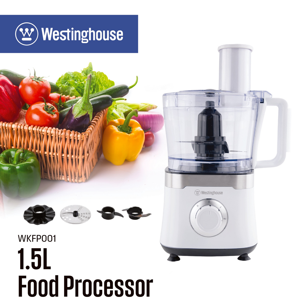 White Westinghouse food processor with 1.5L clear bowl and vegetable prep basket