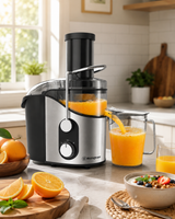 Westinghouse 800W juice extractor with stainless body, black pulp container, and lid