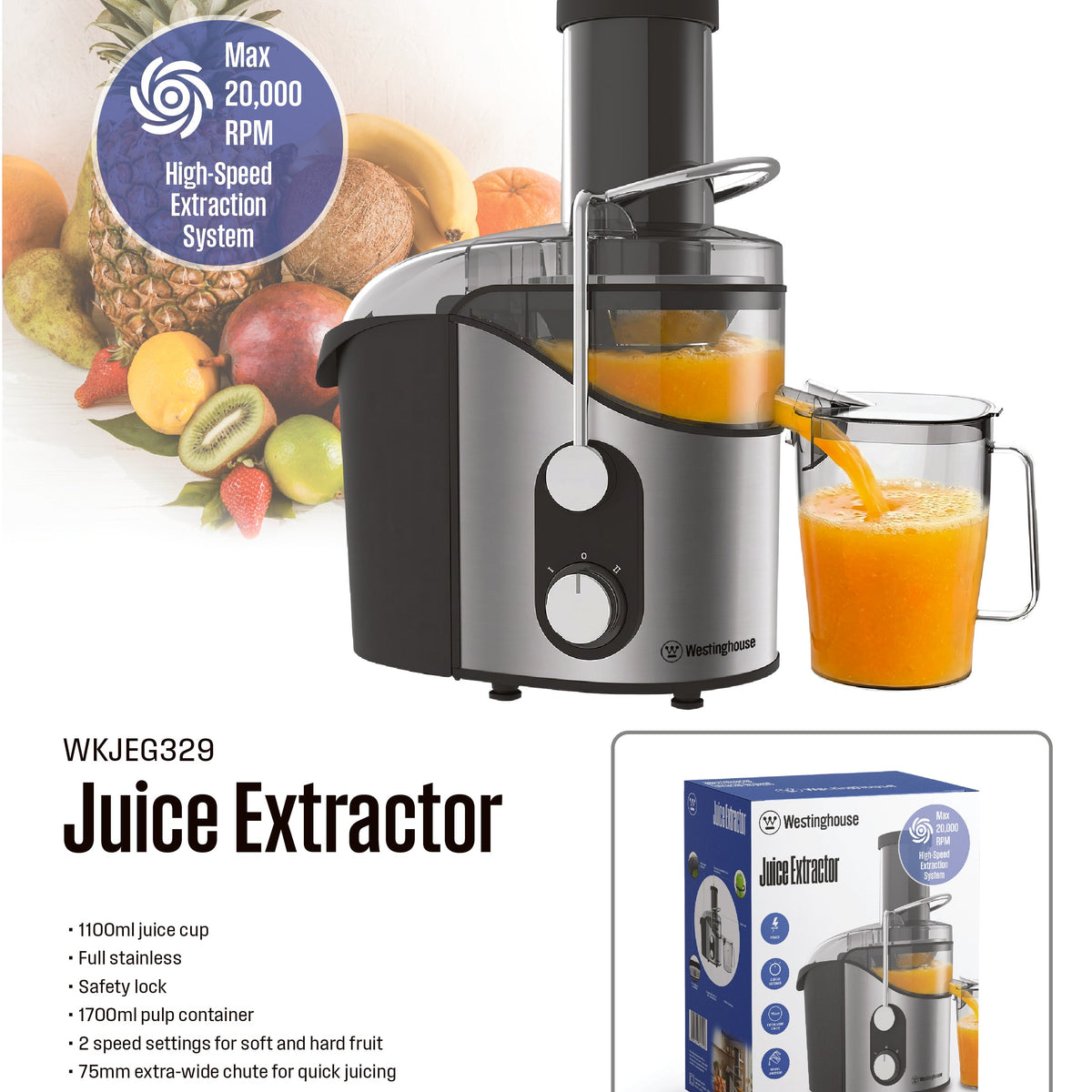 Westinghouse juice extractor with clear juicing bowl, pulp container, and juice jug