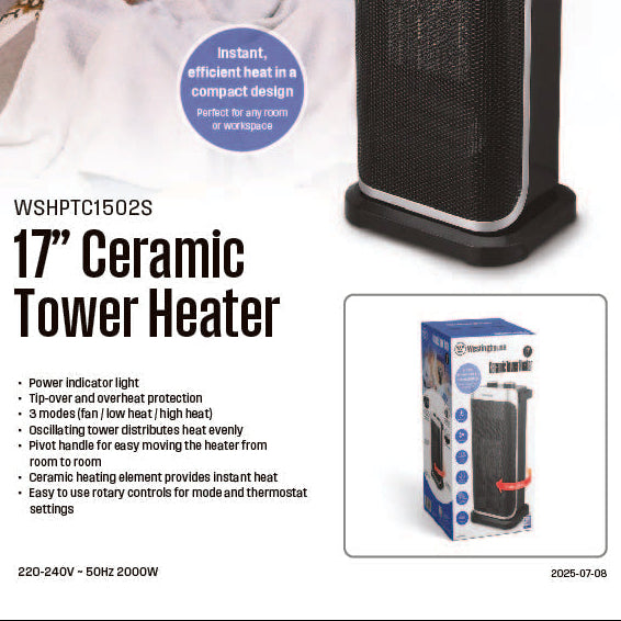 17-inch ceramic tower heater with dark mesh front and black base