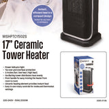 17-inch ceramic tower heater with dark mesh front and black base