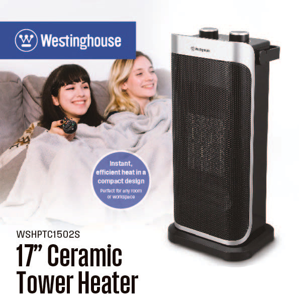 Ceramic tower heater with mesh grille, compact design, and upright black body