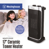 Ceramic tower heater with mesh grille, compact design, and upright black body