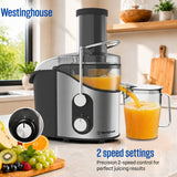 Westinghouse juice extractor with dual-speed dial, clear lid, and juice jug