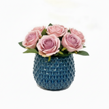 Faux Roses in Dark Blue Pot