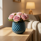 Faux Roses in Dark Blue Pot
