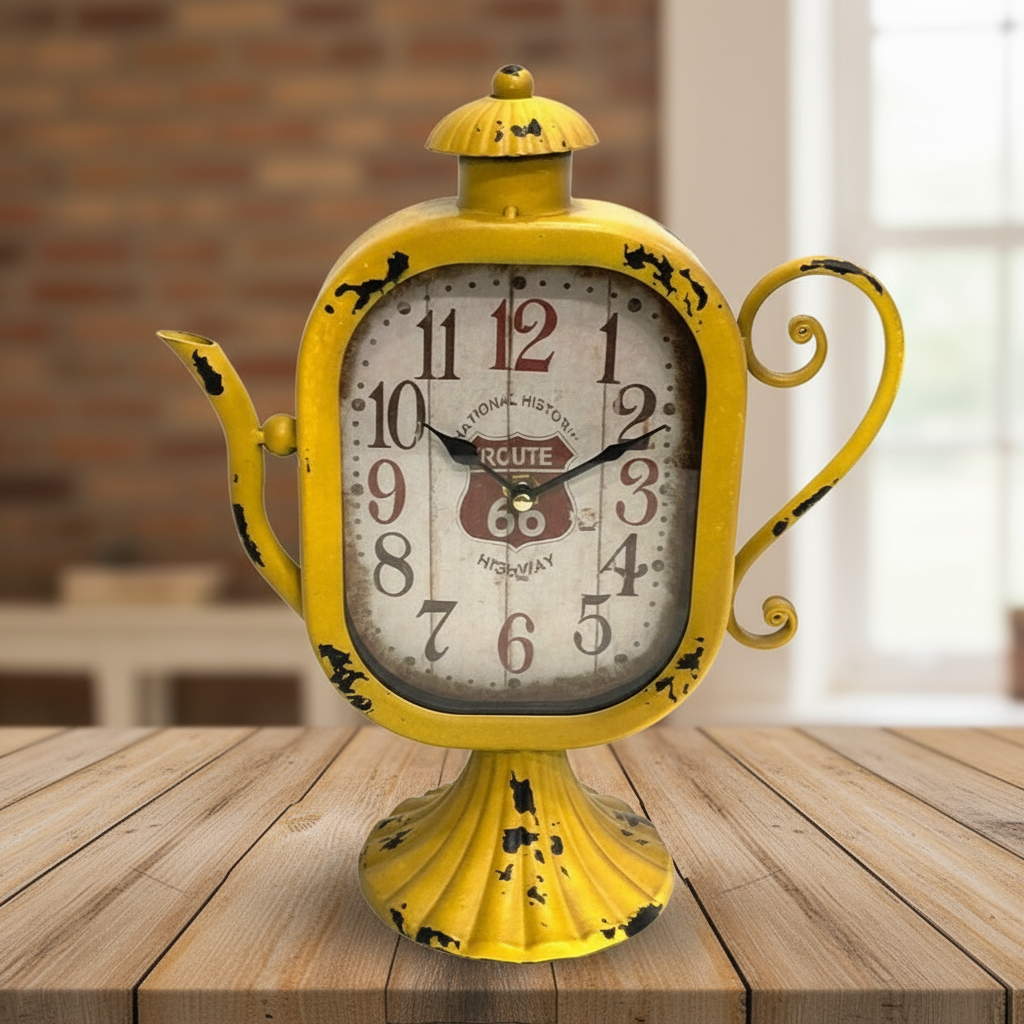 Vintage Table Clock Kettle Shape Yellow