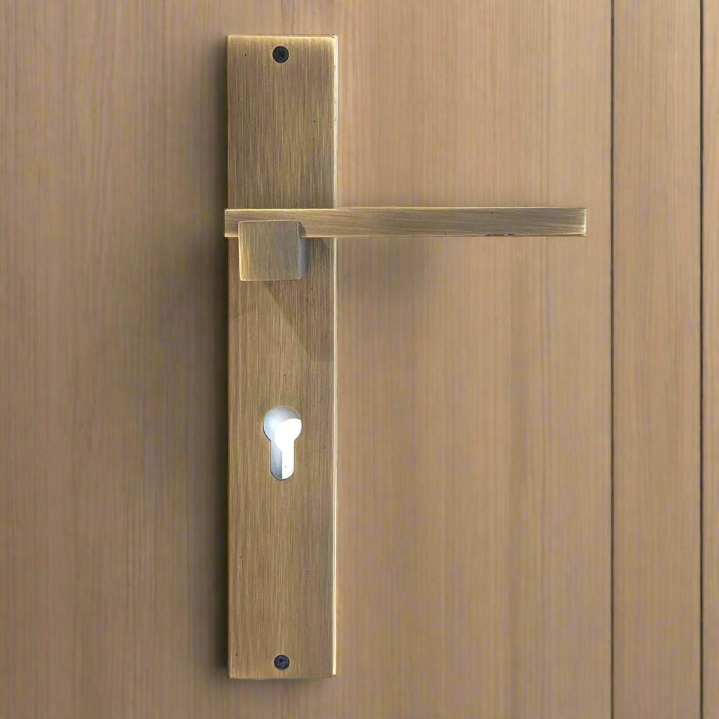 Brass door lever handle with line plate and keyhole, rectangular backplates