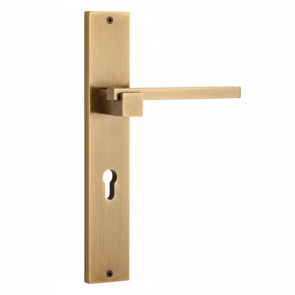 Brass door lever handle with line plate, horizontal lever and keyhole cutout