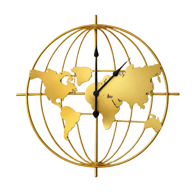 Gold metal world wall clock with raised globe map and black hands, round frame
