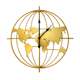 Gold metal world wall clock with raised globe map and black hands, round frame