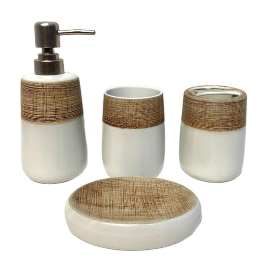 Bathroom Set Bamboo White Round (Set of 4Pcs)