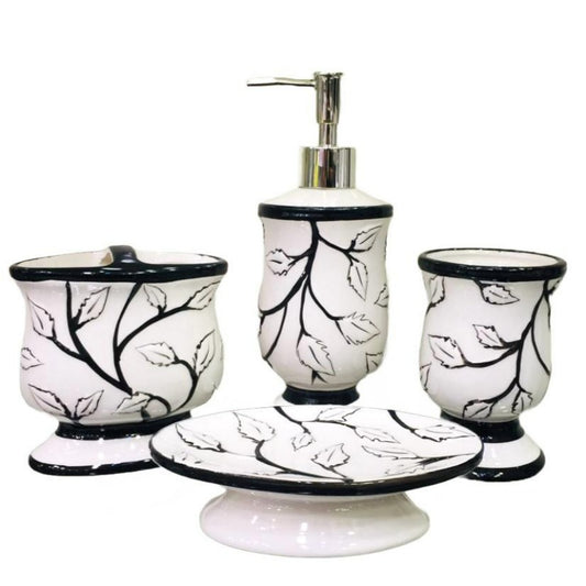 Bathroom Set Floral White/Black (Set of 4Pcs)
