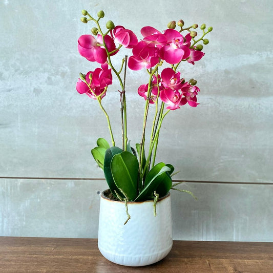 Faux Pink Orchid Arrangement in White Pot