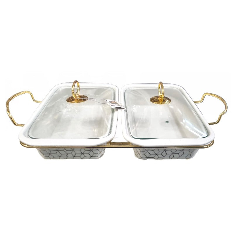 Twin Rectangular Burner Dish With Gold Stand