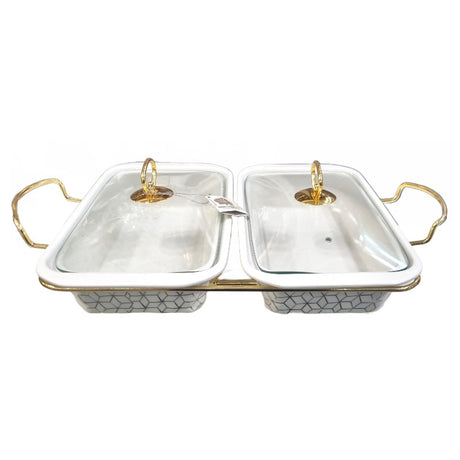 Twin Rectangular Burner Dish With Gold Stand