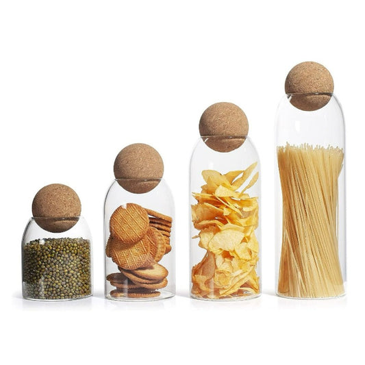 Glass Storage Jar With Wooden Cork Ball Lid (Set of 4)