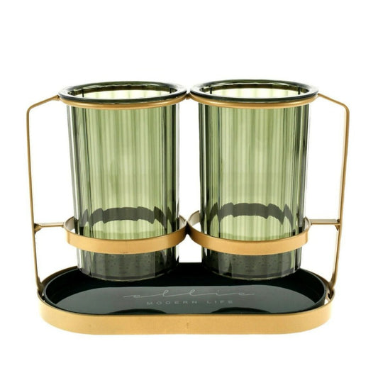 Multipurpose Twin Glass Holder With Stand Green/Gold