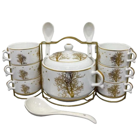 Golden Tree Soup Set With Stand White & Gold (Set of 15 Pcs)