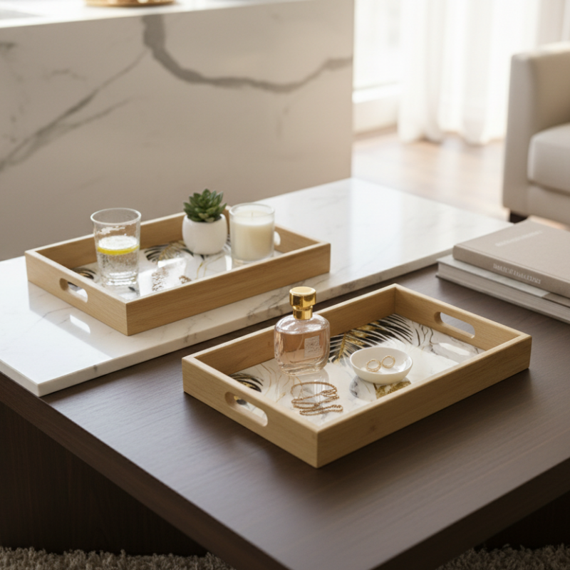 Wooden Serving Tray Black & Gold Leaf (Set of 2)