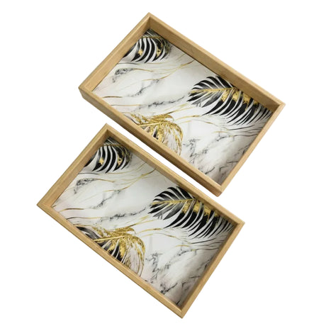 Wooden Serving Tray Black & Gold Leaf (Set of 2)