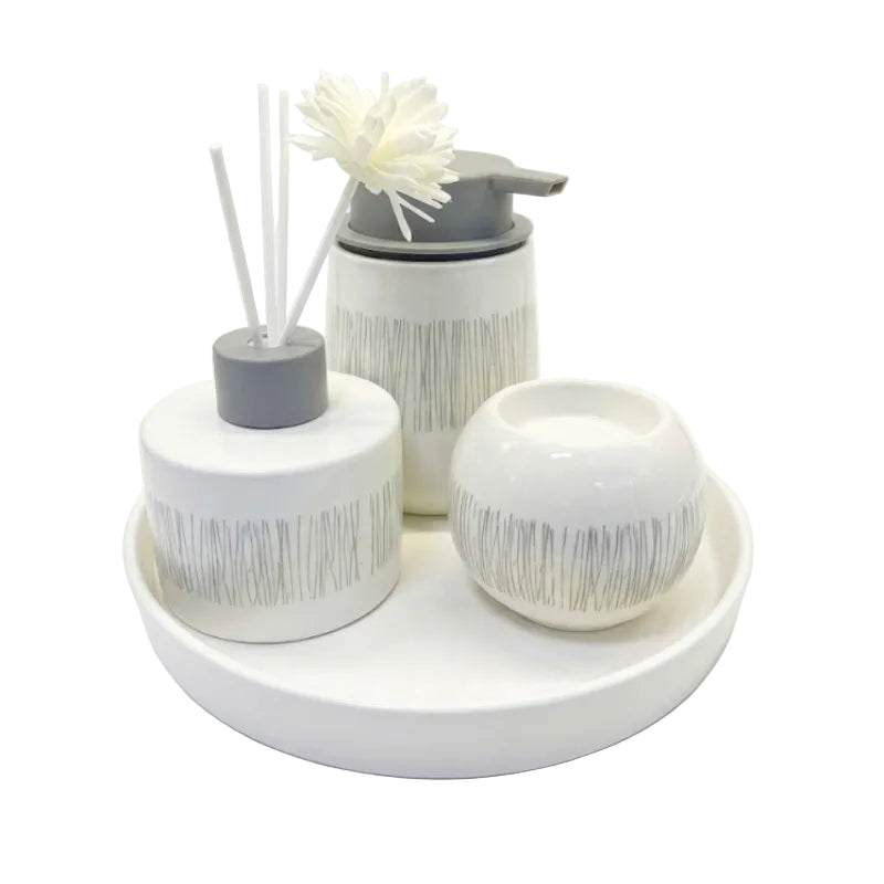 Bathroom Set With Tray White Line (Set of 4)
