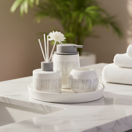 Bathroom Set With Tray White Line (Set of 4)
