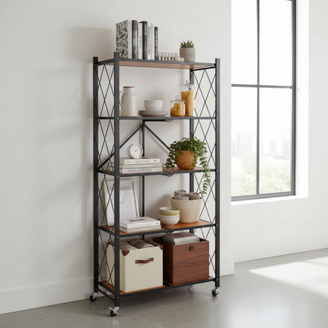 5 Tier Foldable Wooden Storage Shelf With Wheels