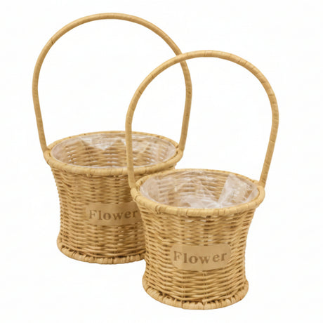 Cylindrical Cane Flower Basket With Handle (Set of 2)