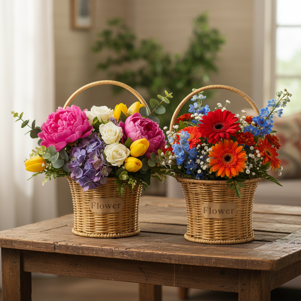 Cylindrical Cane Flower Basket With Handle (Set of 2)