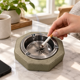 PU Leather Ash Tray Octagonal Beige/Bronze