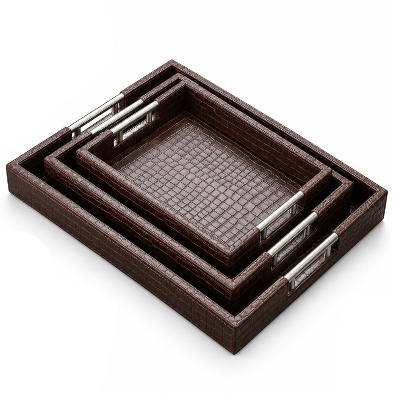 PU Leather Serving Tray Brown (Set of 3)