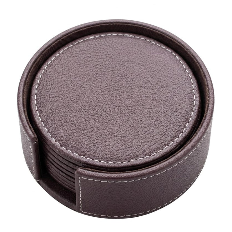 PU Leather Round Tea Coaster Brown (Set of 6)