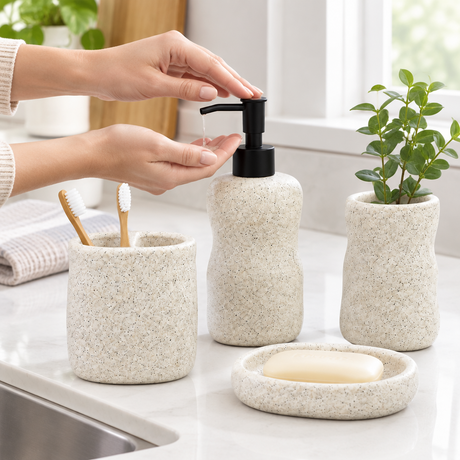 Ceramic Bathroom Set Stone Cream (Set of 4 Pcs)