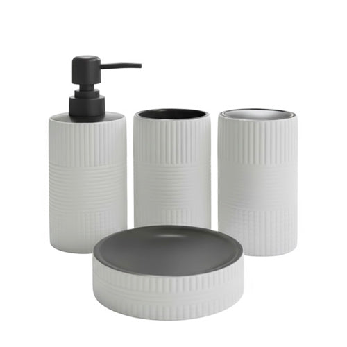 Ribbed ceramic bathroom set in white: soap dispenser, 2 cups, and soap dish