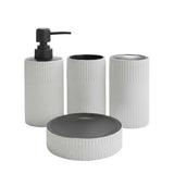 Ribbed ceramic bathroom set in white: soap dispenser, 2 cups, and soap dish
