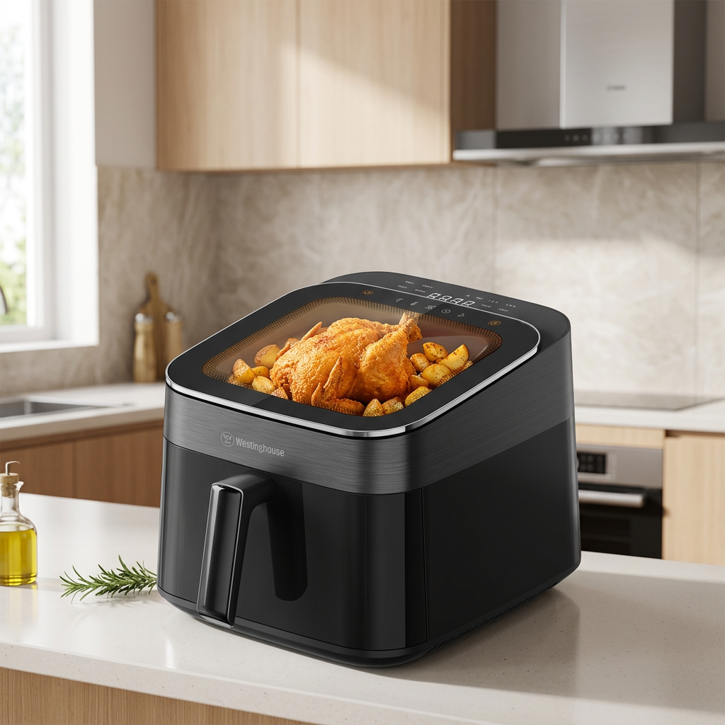 Black digital air fryer on counter with viewing window and top control panel