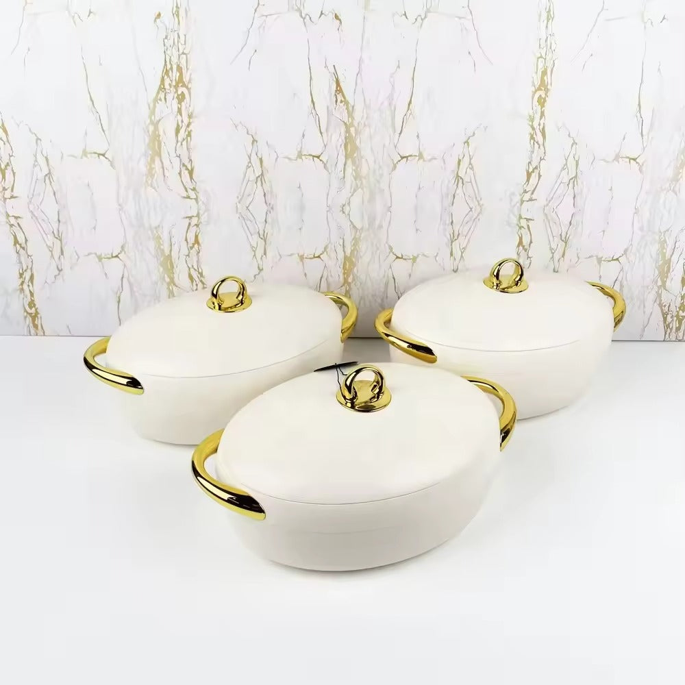 Food Warmer Hotpot Set White & Gold (Set of 3)
