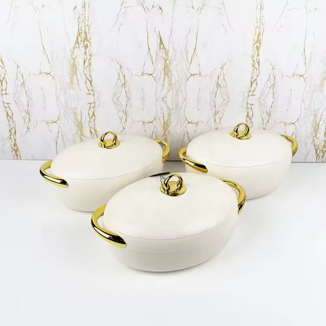 Food Warmer Hotpot Set White & Gold (Set of 3)