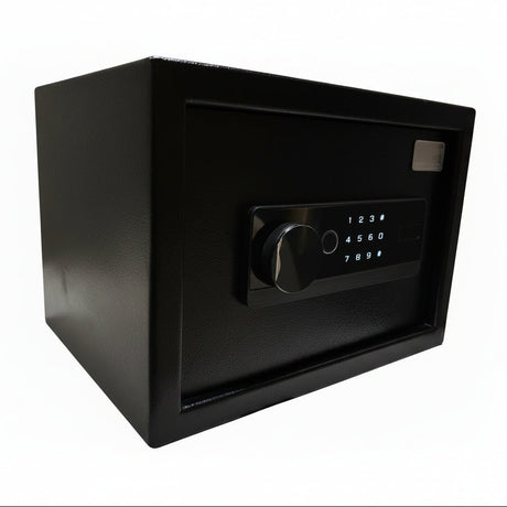 Electronic steel safe with biometric keypad, side view and recessed control panel