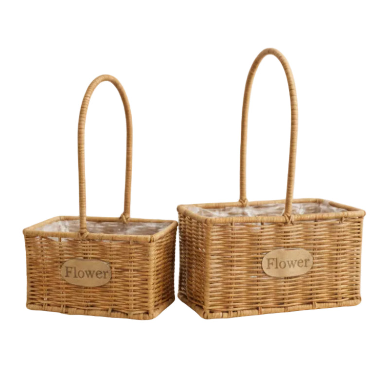 Rectangular Cane Flower Basket With Handle (Set of 2)