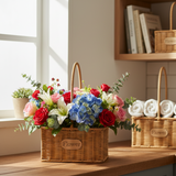 Rectangular Cane Flower Basket With Handle (Set of 2)