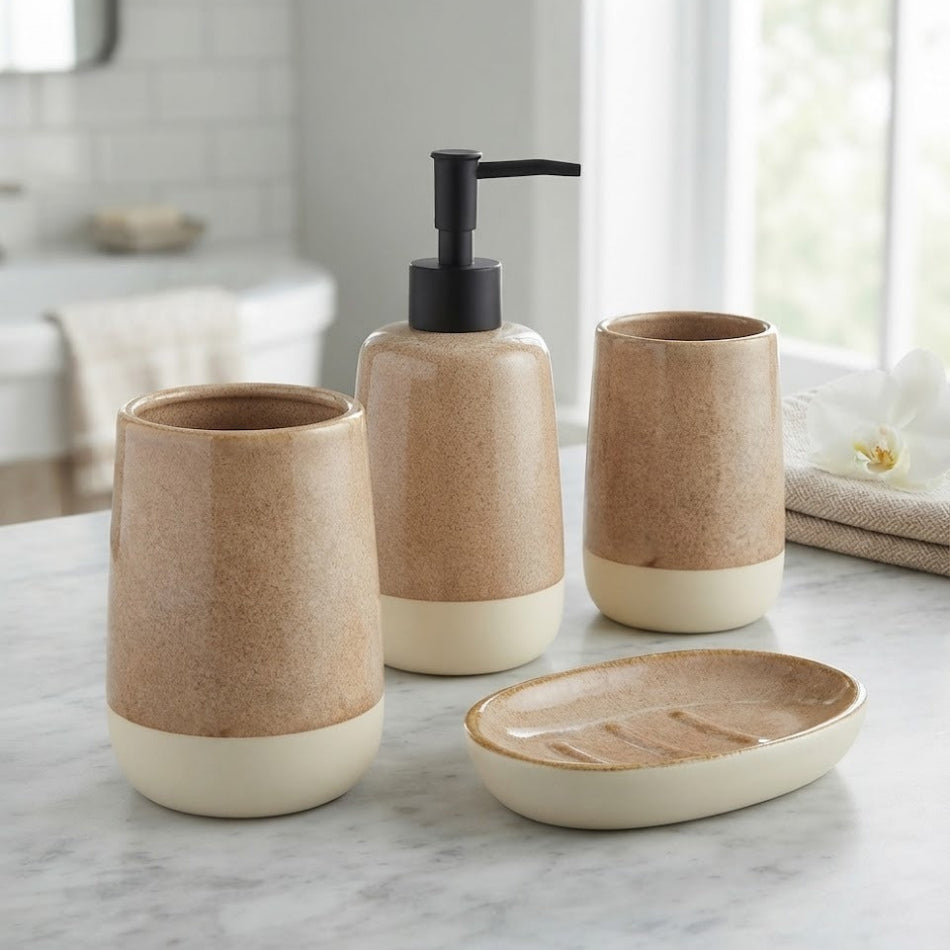 Ceramic Bathroom Set Brown & Beige (Set of 4 Pcs)