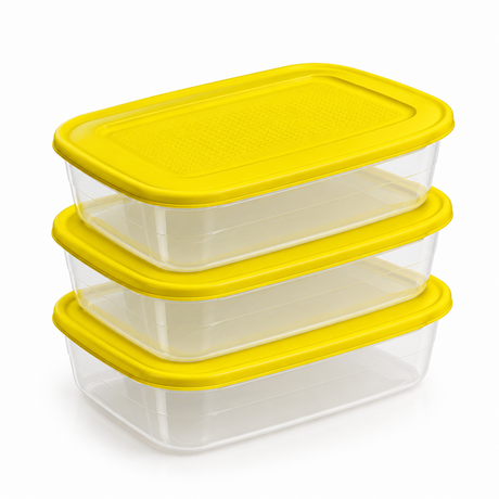 Set of 3 plastic food storage boxes with yellow lids
